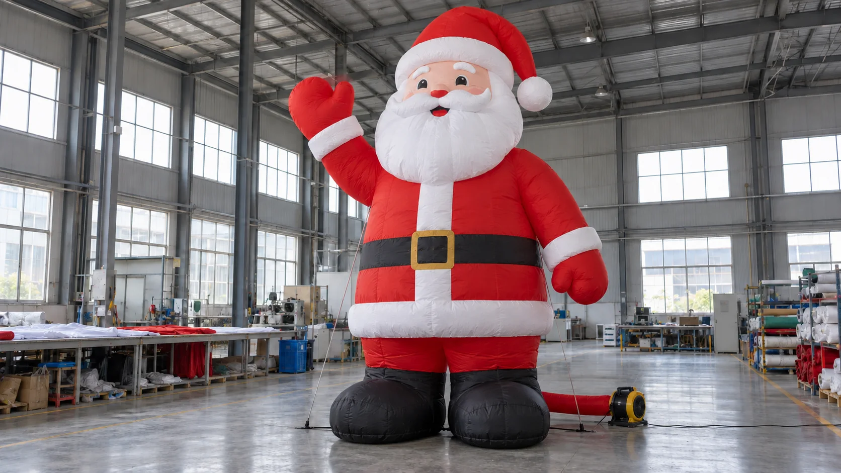 Giant inflatable Santa Claus displayed indoors